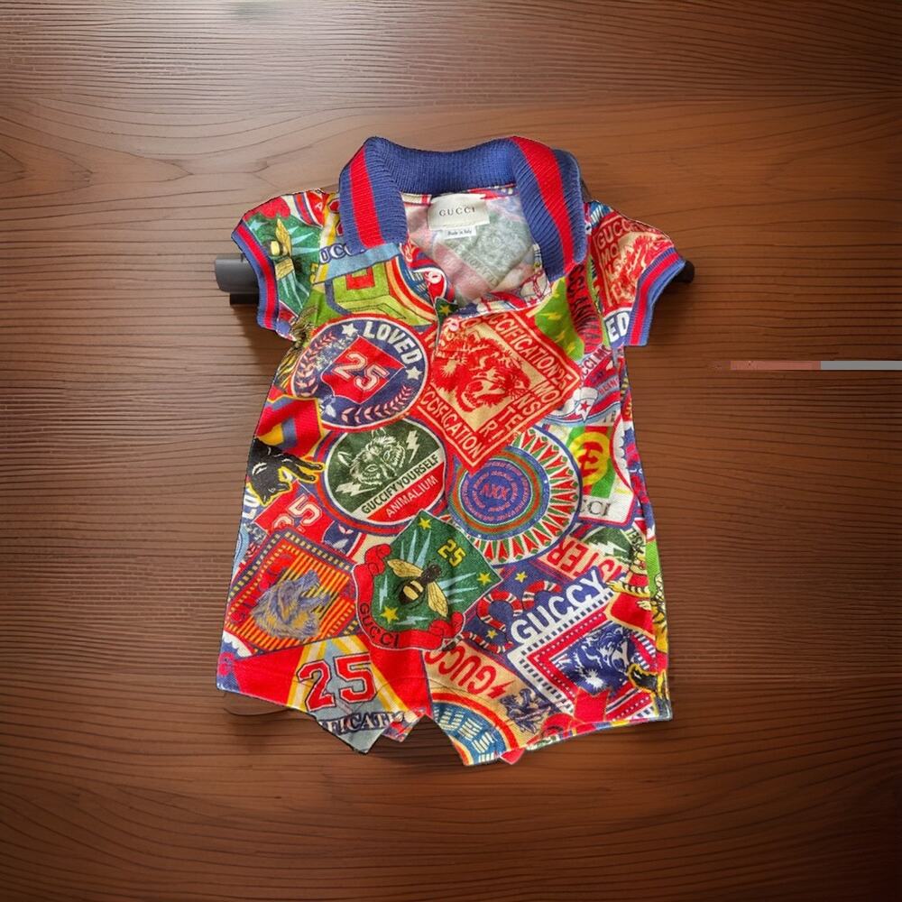 VTG Gucci Colorful Romper Classic Collar Summer Outfit Unisex Baby 6-9 Months